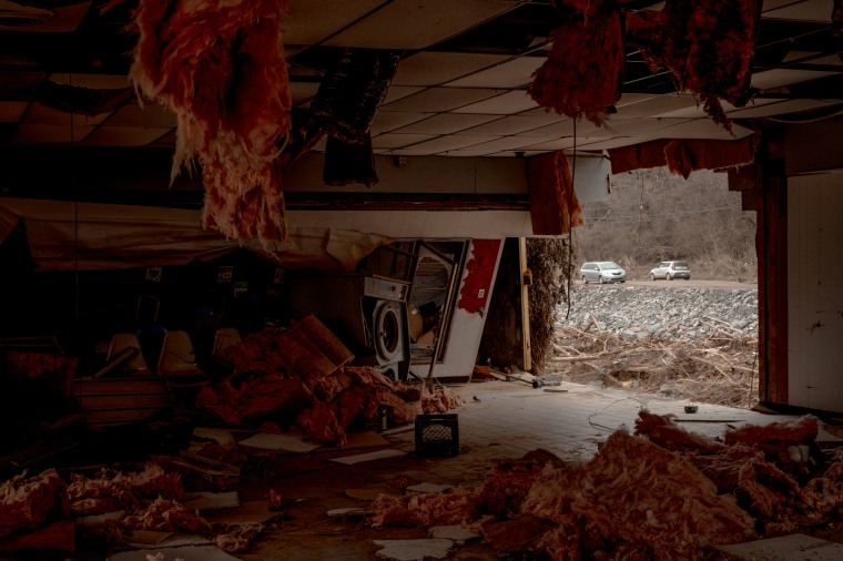 Storm damage from hurricane Helene in Swannanoa, N.C, on Dec. 11, 2024.