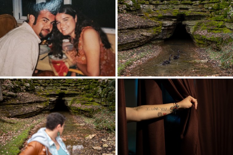  Angela and Tracy Pike in a 2001 photo; the creek where Angela spread some of Tracy's ashes and a tattoo on Angela's arm in his handwriting.