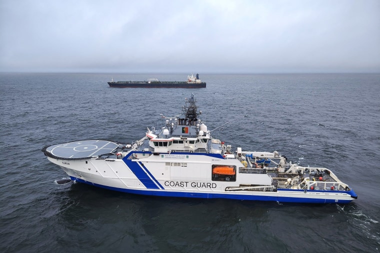 This handout photo published by the Finnish Border Guard on December 26, 2024 shows the Finnish Border Guard ship Turva (front) and the oil tanker Eagle S at sea near Polkkalaniemi. 