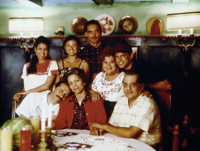 Van links naar rechts: Constance Marie, Edward James Olmos, Elpidia Carillo, Jenny Gago, Jimmy Smits, Lupe Ontiveros, Enrique Castillo en Eduardo Lopez Rojas in "Mijn familie."