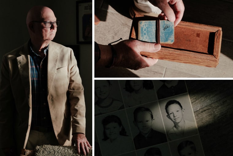 Tim Leggett at his home in Fort Worth, Texas; Leggett holds a deck of cards that he and his brother used when playing with their father; a yearbook photo of Dale.