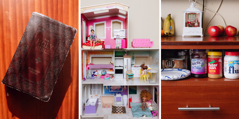 A triptych showing a bible, a Barbie dollhouse and a pantry with food