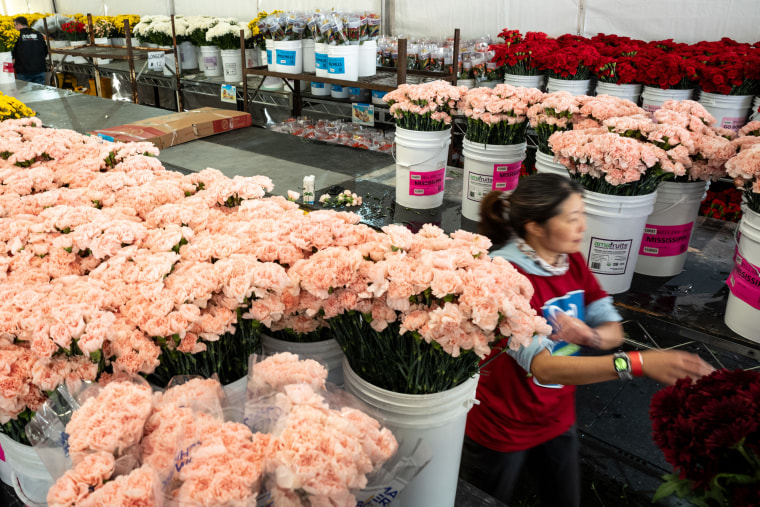 Volunteers prepare floats for the 136th annual Rose Parade