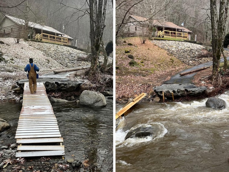 A side by side showing the damage to the bridge