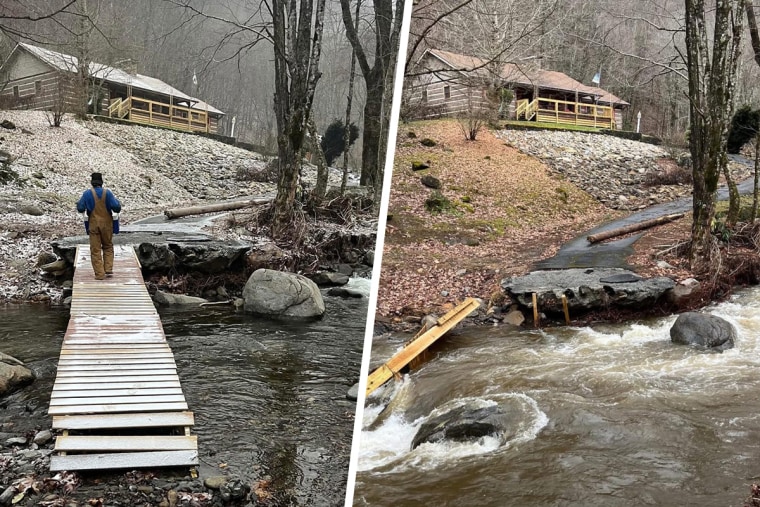 A side by side showing the damage to the bridge