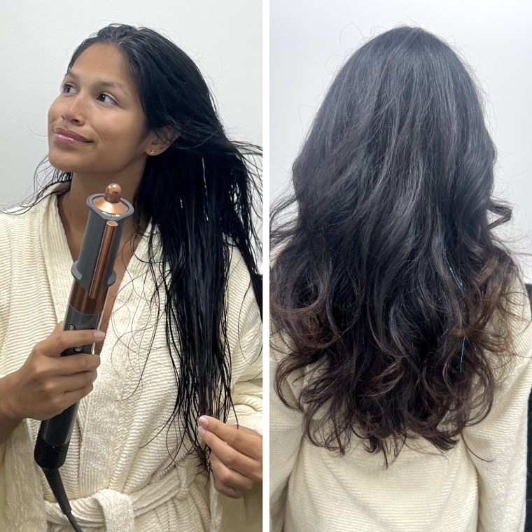 On the left, a woman dries her wet hair using the Dyson Airwrap. On the right, she holds the Dyson Airwrap with freshly blow-dried curly hair.