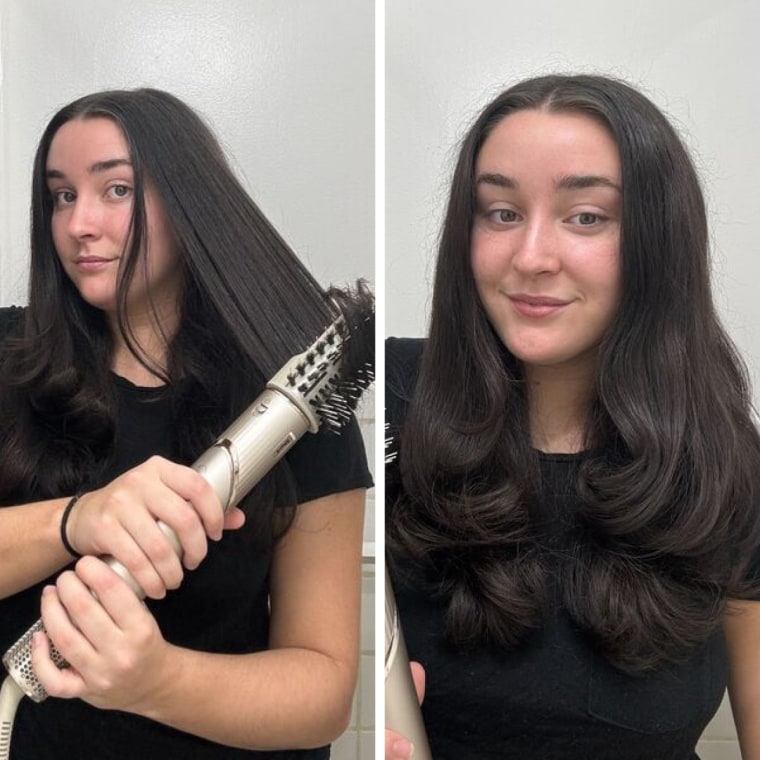 On the left, a woman runs T3 AireBrush through her wet hair. On the right, she holds the tool in her hand, showing a thoroughly dried, sleek and bouncy blowout.