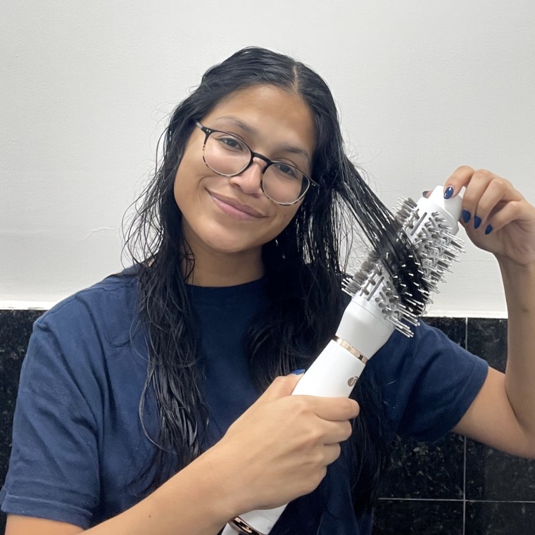 On the left, a woman runs T3 AireBrush through her wet hair. On the right, she holds the tool in her hand, showing a thoroughly dried, sleek and bouncy blowout.