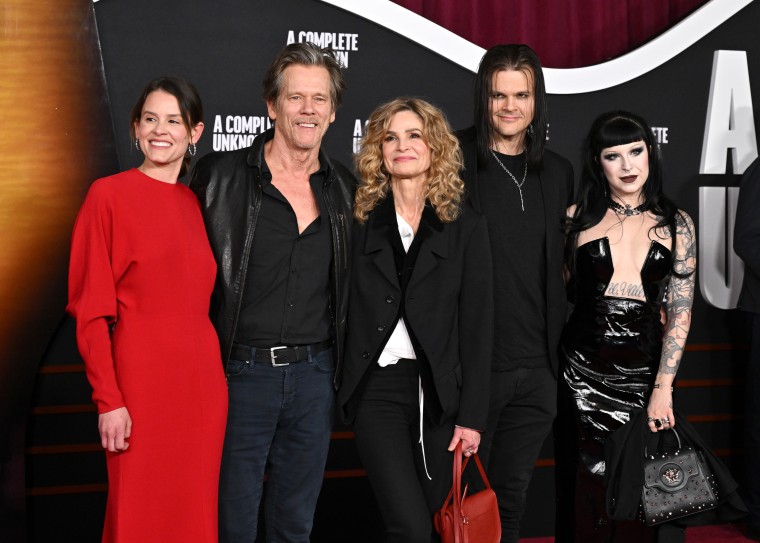 Sosie Bacon, Kevin Bacon, Kyra Sedgwick, Travis Bacon and Angelina Sambrotto at the Los Angeles premiere of "A Complete Unknown" at Dolby Theatre on Dec. 10, 2024.