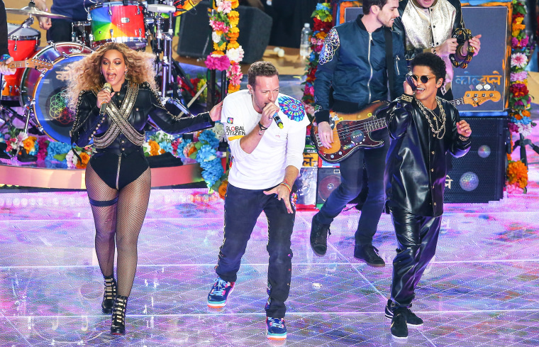 Beyoncé, Chris Martin of Coldplay and Bruno Mars perform during the Super Bowl 50 Halftime Show in 2016.