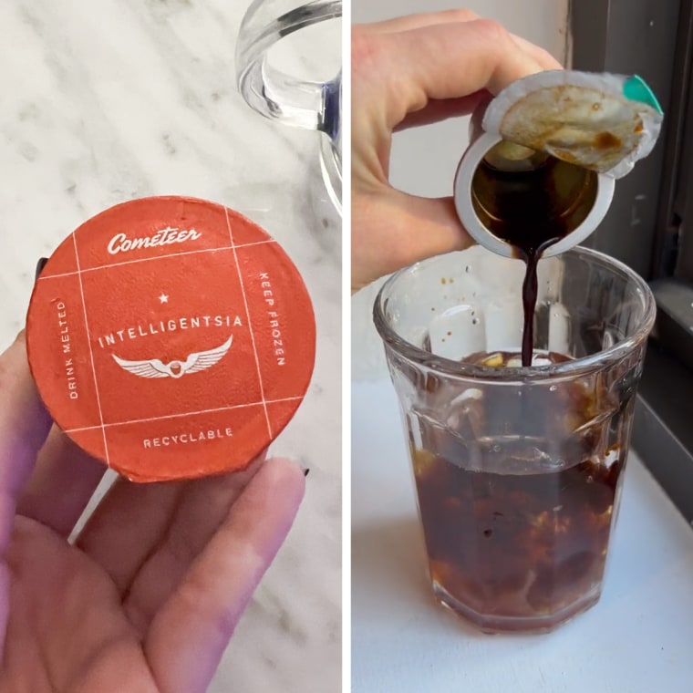 Split image of woman pouring coffee from a pod in a glass mug and adding water to mug
