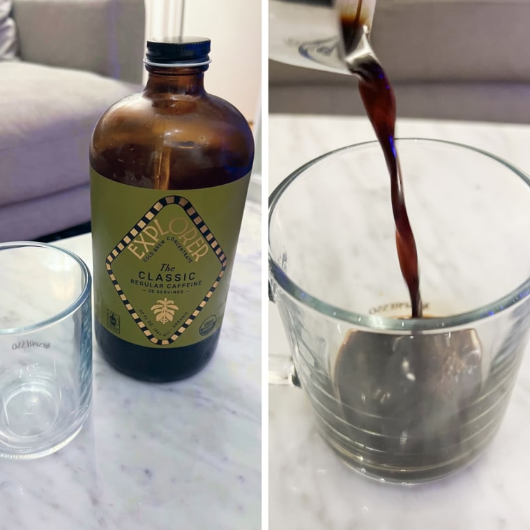 Split image of Explorer Cold Brew bottle on a counter and pouring coffee into a glass mug