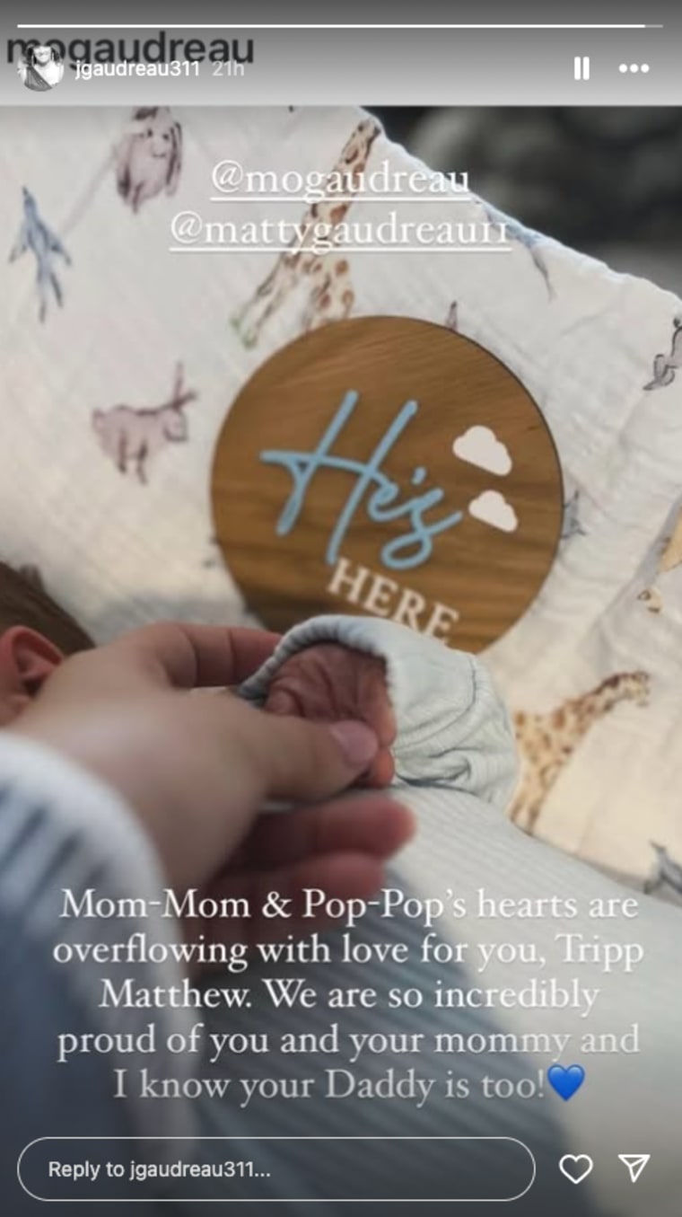 Jane Gaudreau, mother of brothers Matthew and Johnny Gaudreau, left a sweet message on daughter-in-law Madeline Gaudreau's post announcing the arrival of her son, Tripp. 