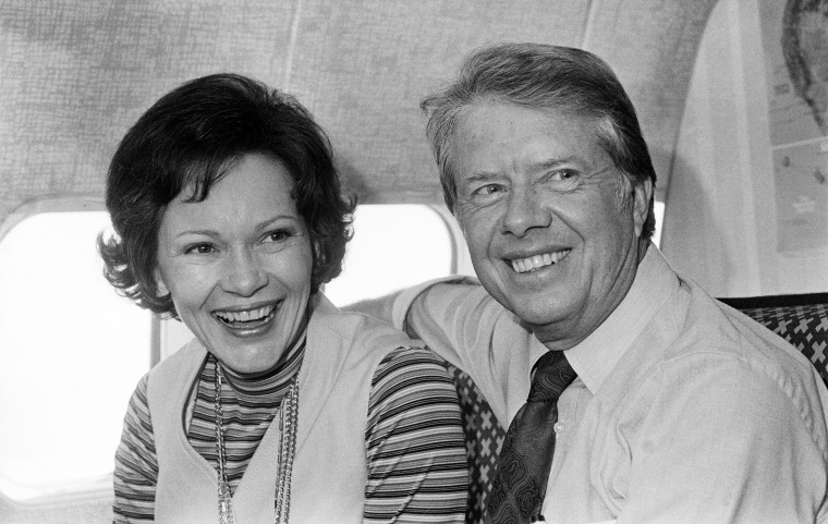 Rosalynn Carter and Jimmy Carter aboard his campaign plane on Oct. 24, 1976.