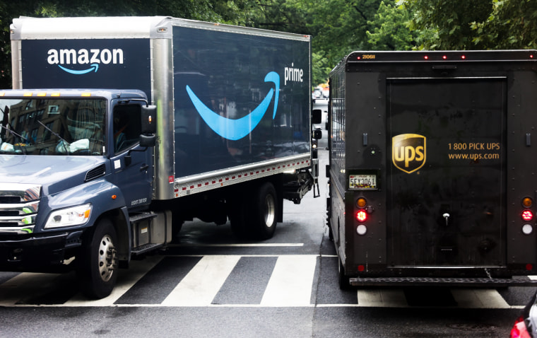 Amazon Prime and UPS trucks.