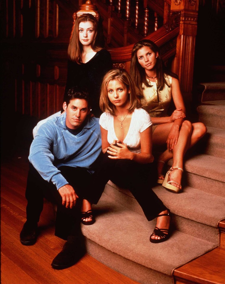 Alyson Hannigan as Willow Rosenberg, Charisma Carpenter as Cordelia Chase, Sarah Michelle Gellar as Buffy and Nicholas Brendon as Xander Harris in "Buffy The Vampire Slayer."