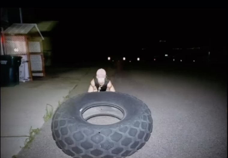 Sydney Sweeney lifts tire in new video on Instagram.