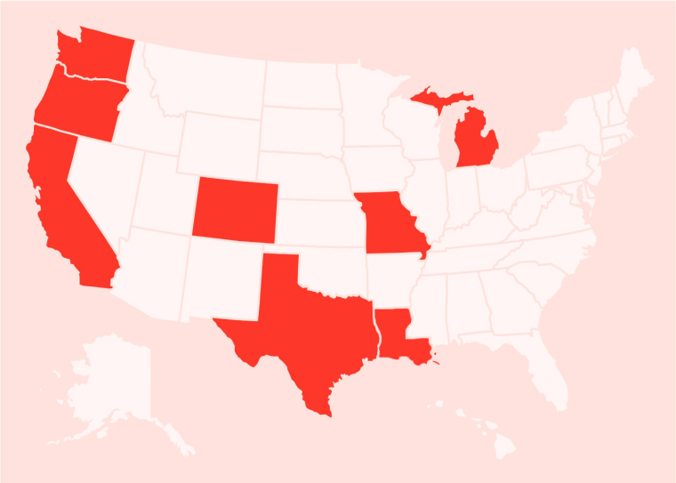 A map of the United States of America with California, Colorado, Michigan, Missouri, Oregon, Texas, Louisiana, and Washington state highlighted.