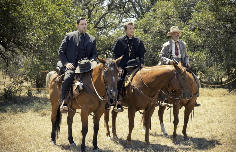 Ross Crain as Marshall Thomas, Sebastian Roche as Father Renaud and Jamie McShane as Marshall Kent in season 2 of "1923."