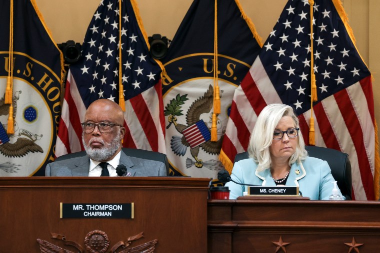 Bennie Thompson and Liz Cheney listen during the hearing