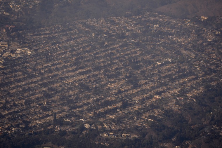 The devastation from the Palisades Fire is seen from the air 