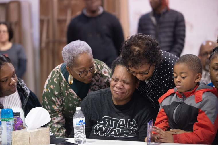 Belinda Thomas, mother of Taylor Lowery, breaks down during a press conference