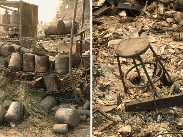 Charred cans on a melted metal shelf; a destroyed bar stool.