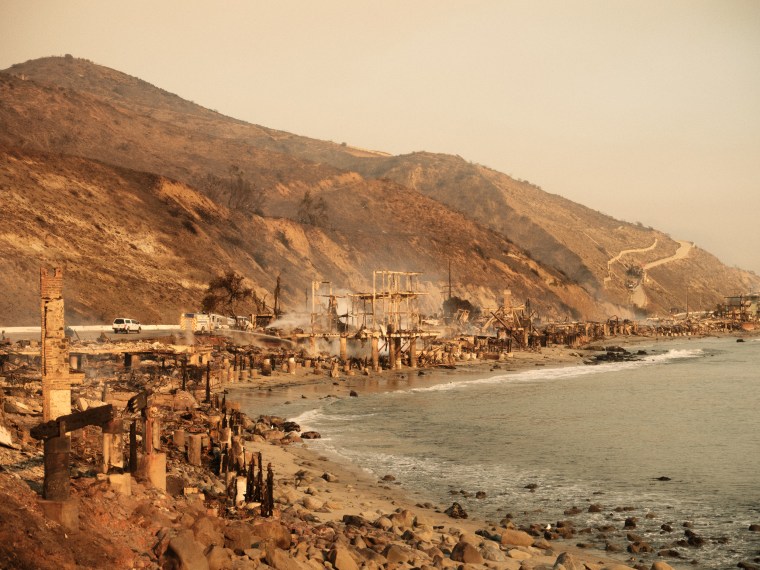 Destroyed buildings along the coast of Topanga Beach.