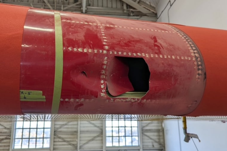 A hole is seen in the wing of a plane