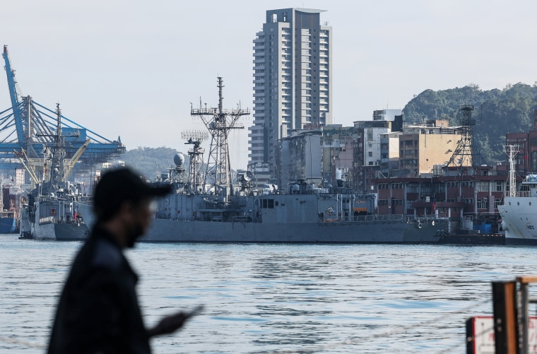 Taiwanese Navy ships anchored at the harbour in Keelung 