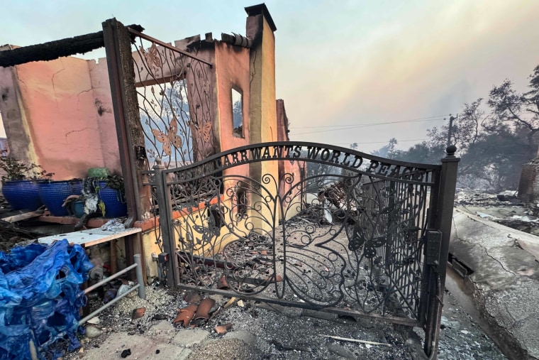 Photos of ruins of the fire-damaged house and gate