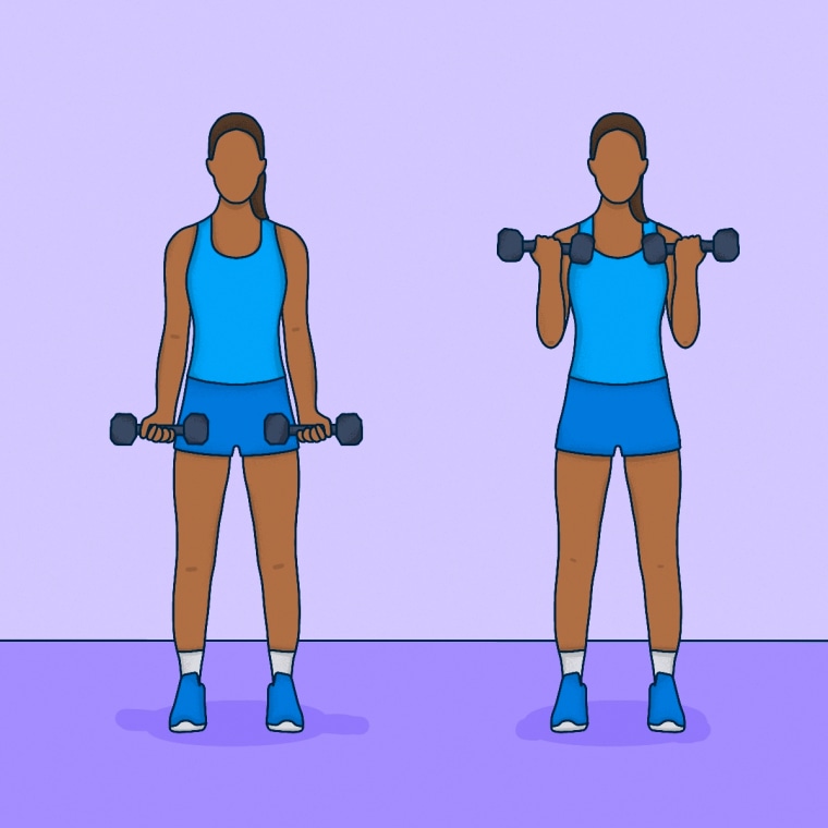 An illustration of a woman demonstrating bicep curls while holding dumbbells.