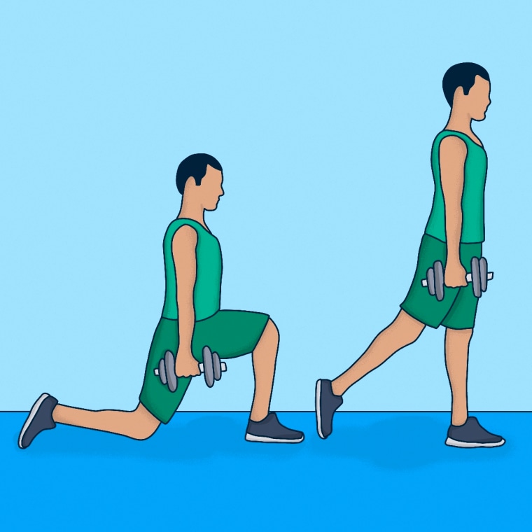 An illustration of a man demonstrating split squats while holding dumbbells.