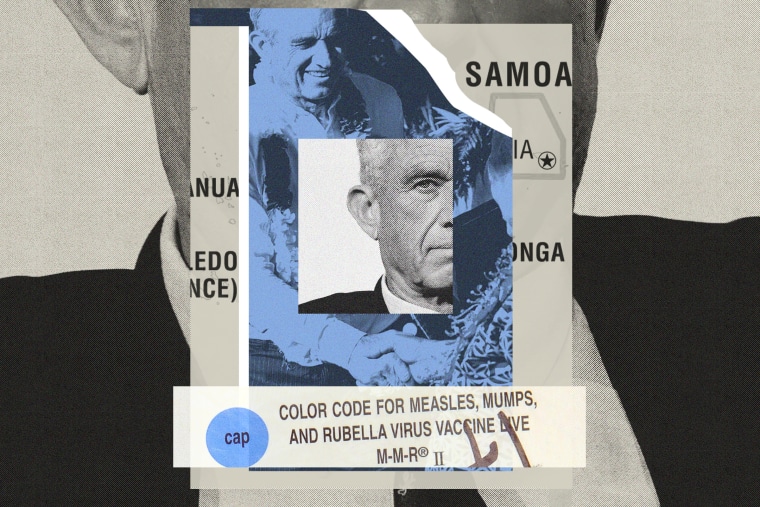 Photo collage of RFK Jr; the background is a black-and-white image of his head scaled up; overlaid with color treated imagery of RFK Jr. shaking hands, a map of Samoa, and a line of text that reads "Color code for Measles, Mumps, and Rubella virus vaccine" 