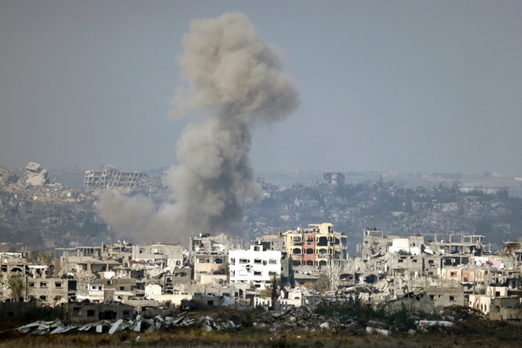 Smoke rises from explosions in the northern Gaza Strip on Jan. 16, 2025.