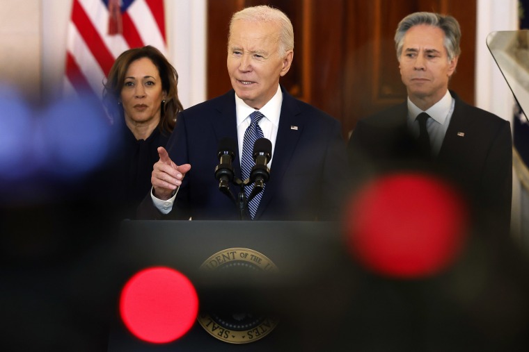 President Joe Biden delivers remarks on the recently announced ceasefire agreement between Israel and Hamas, joined by Vice President Kamala Harris and Secretary of State Antony Blinken.