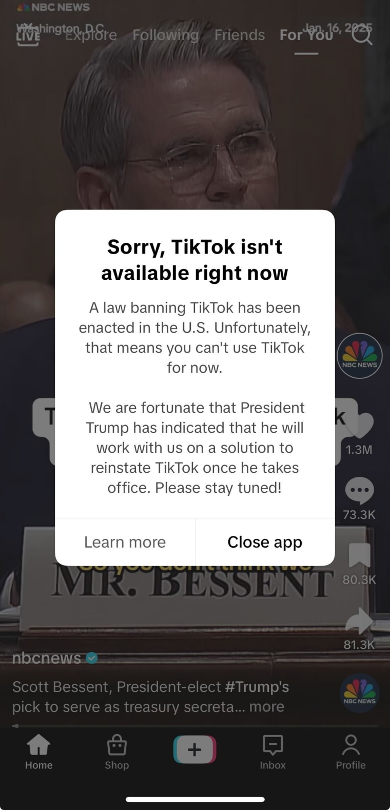 Image: The message TikTok users get when they try to use the app on January 18, 2025.