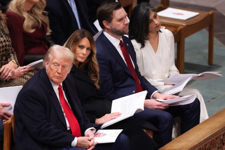 Seated in a pew, from left, Donald Trump, Melania Trump, JD Vance and Usha Vance