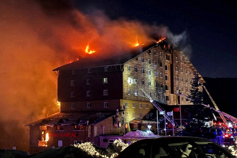 A building on fire at night