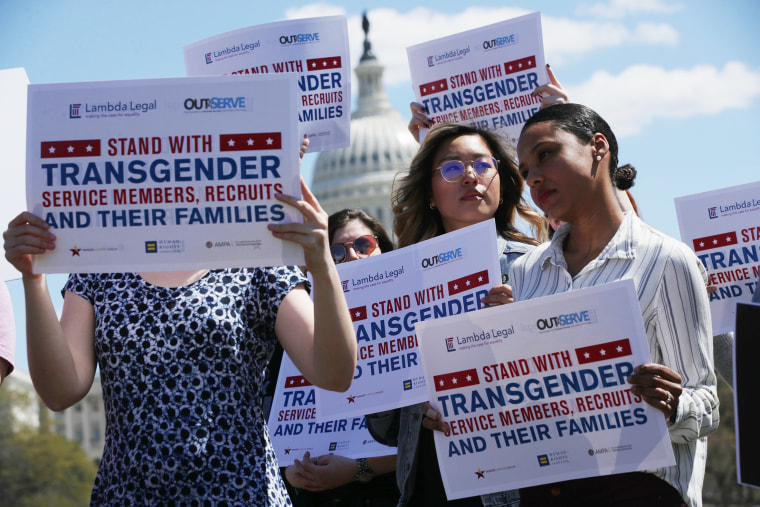 Activists participate in a rally against the transgender military service ban at the Capitol on April 10, 2019 in Washington, D.C.