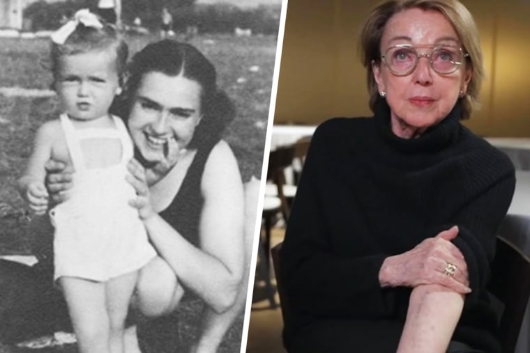 Eva Umlauf com sua mãe Agnes Hecht em Nováky, Eslováquia em um campo de trabalho para judeus antes de sua transferência para Auschwitz. Quando bebê, ela foi tatuada no número A-26959.