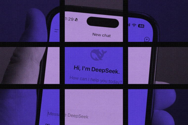 Photo grid of the app "DeepSeek" with a purple-tinted overlay 