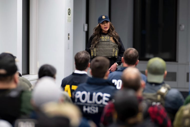 U.S. Secretary of Homeland Security Kristi Noem speaks with federal law enforcement members in New York on Jan. 28, 2025.