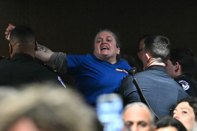 Capitol Police officers remove a protester from the hearing room.