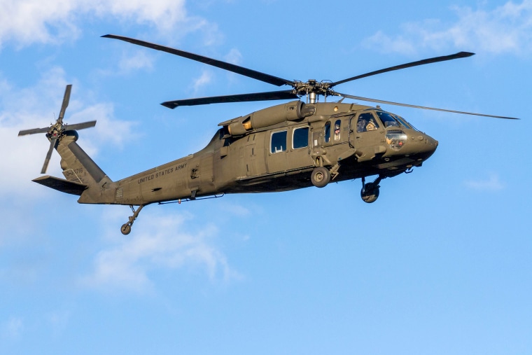 A U.S. Army Sikorsky UH-60 Black Hawk helicopter prepares to