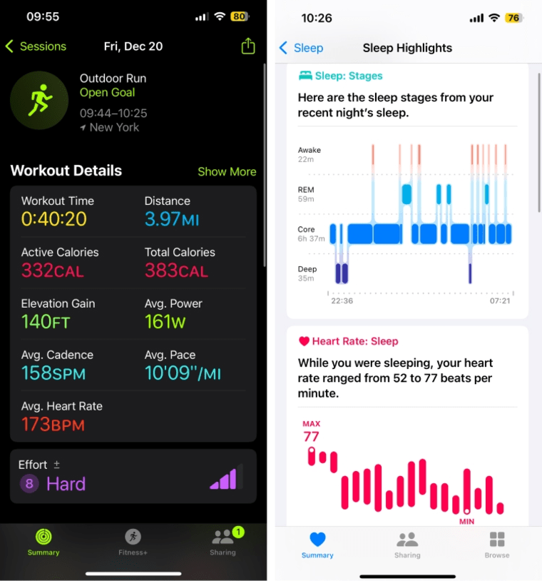 Data from the Apple Fitness and Health apps for a run and a night of sleep. 