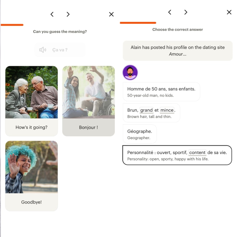 Left: A screenshot of a Babbel lesson page asking the user to select the meaning of “Ça va?” from three flash cards reading “How’s it going”, “Bonjour” and “Goodbye”.

Right: Screenshot of Babbel lesson page showing a dating profile on a simulated French dating site.