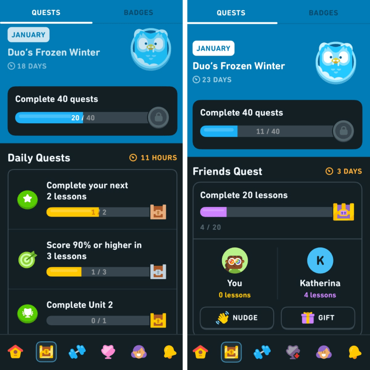 Screenshots of the Duolingo quest page, with the left side showing a list of Daily Quests and the right side showing a progress tracker for an ongoing Friends Quest.