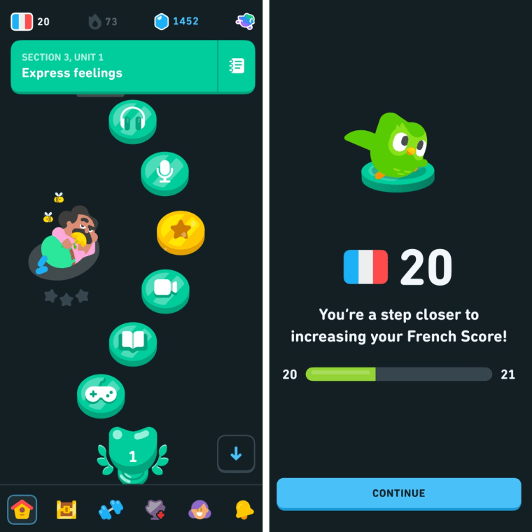 Left: Screenshot of Duolingo’s home screen, showing a completed unit with seven steps to the finish line.

Right: Screenshot of the Duolingo French score progress bar.