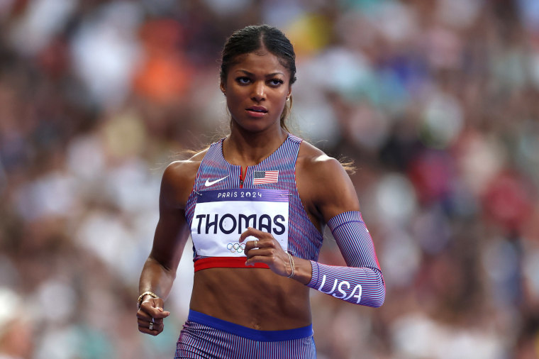 Gabrielle Thomas of Team United States competes during Women's 200m Semi-Final on day ten of the Olympic Games Paris 2024 at Stade de France on August 05, 2024 in Paris, France. 